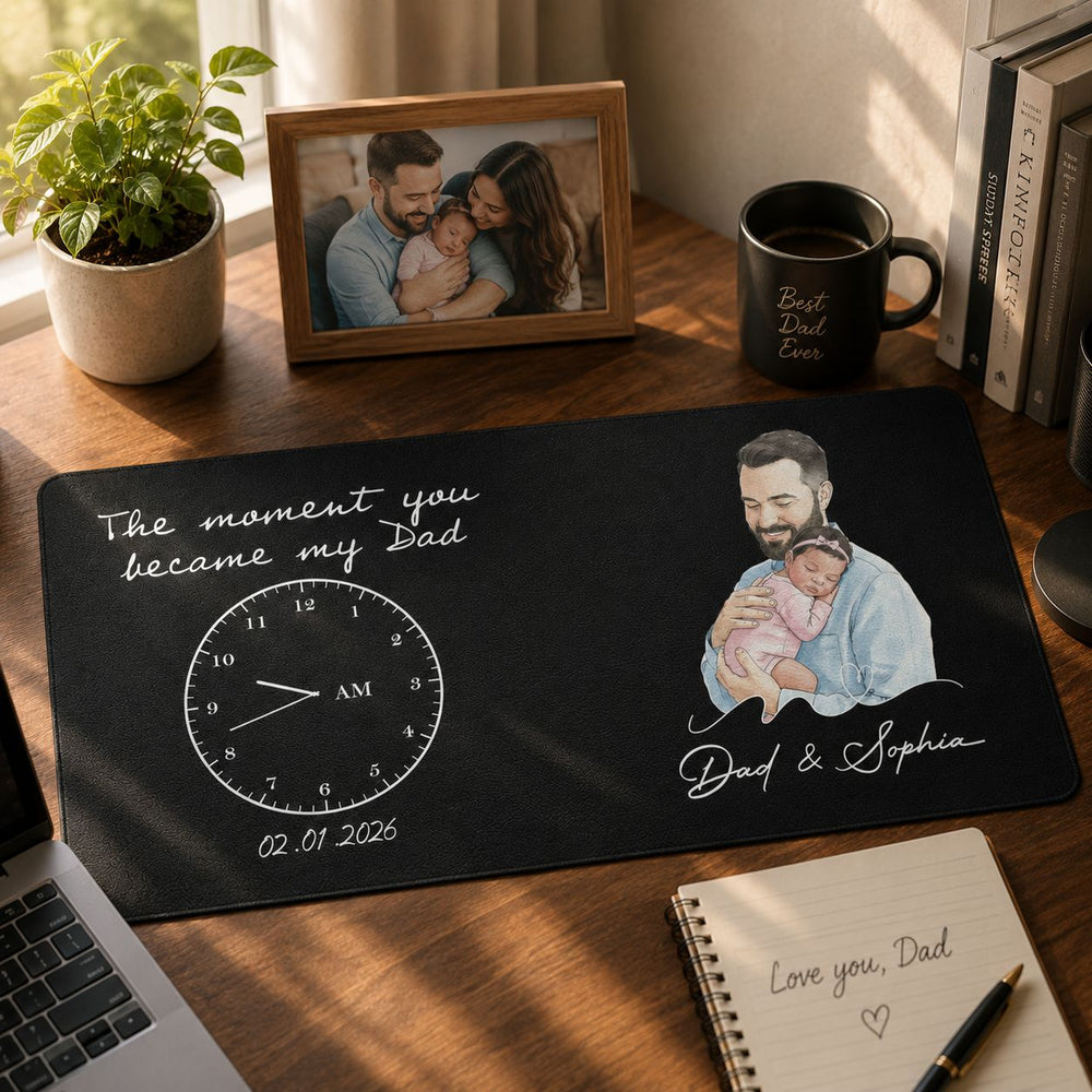 The Moment You Became Dad Watercolor Art Father's Day Gift For Husband - Personalized Desk Mat | First Father’s Day