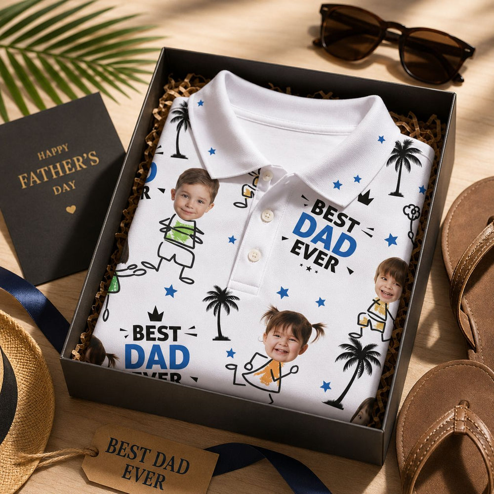 Best Dad Ever Custom Cute Kid Face Father's Day Gift For Dad, Husband, Grandpa - Personalized Polo Shirt | Funny Family Gift For Him