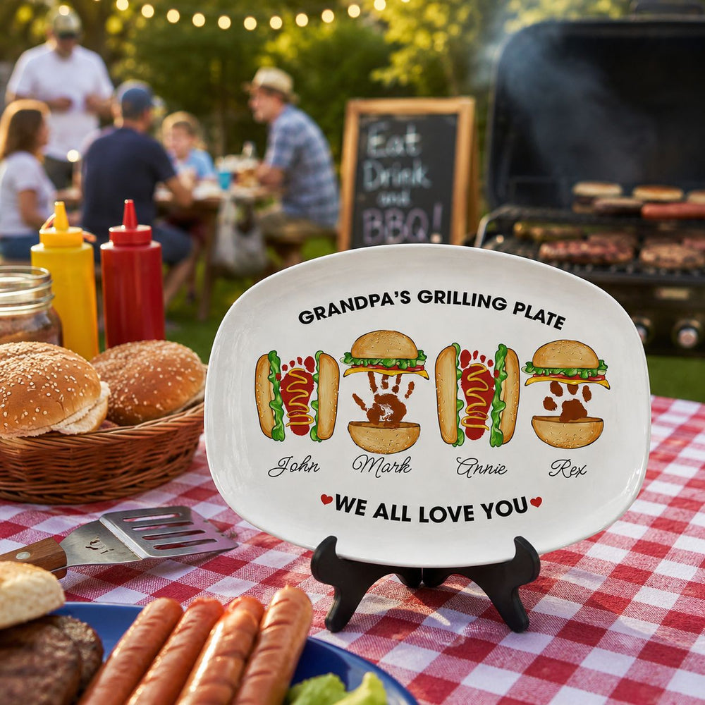 Grandpa's Grilling Plate, Custom Burger Hot Dog Handprint Footprint | Platter BBQ Grandpa Gift