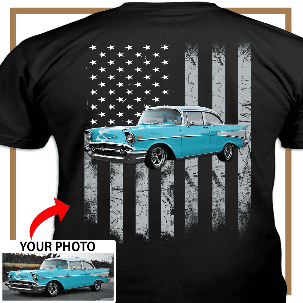 Muscle Car Dodge Challenger Custom Photo T-shirt, Dodge Charger Personalized T-shirt funny gifts for car guys American Flag T-shirt - PSTP2DTS000008