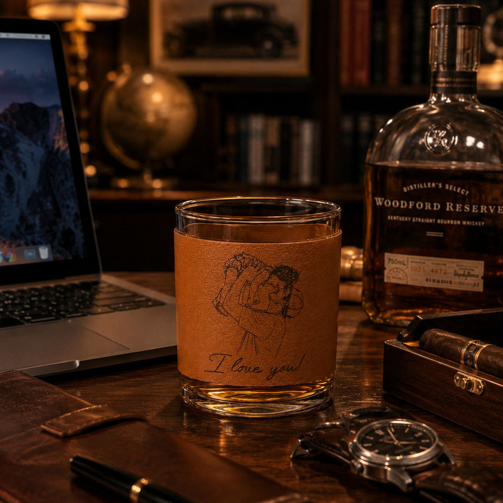 Custom Photo Sketch Line Art Father's Day - Personalized Whiskey Glass