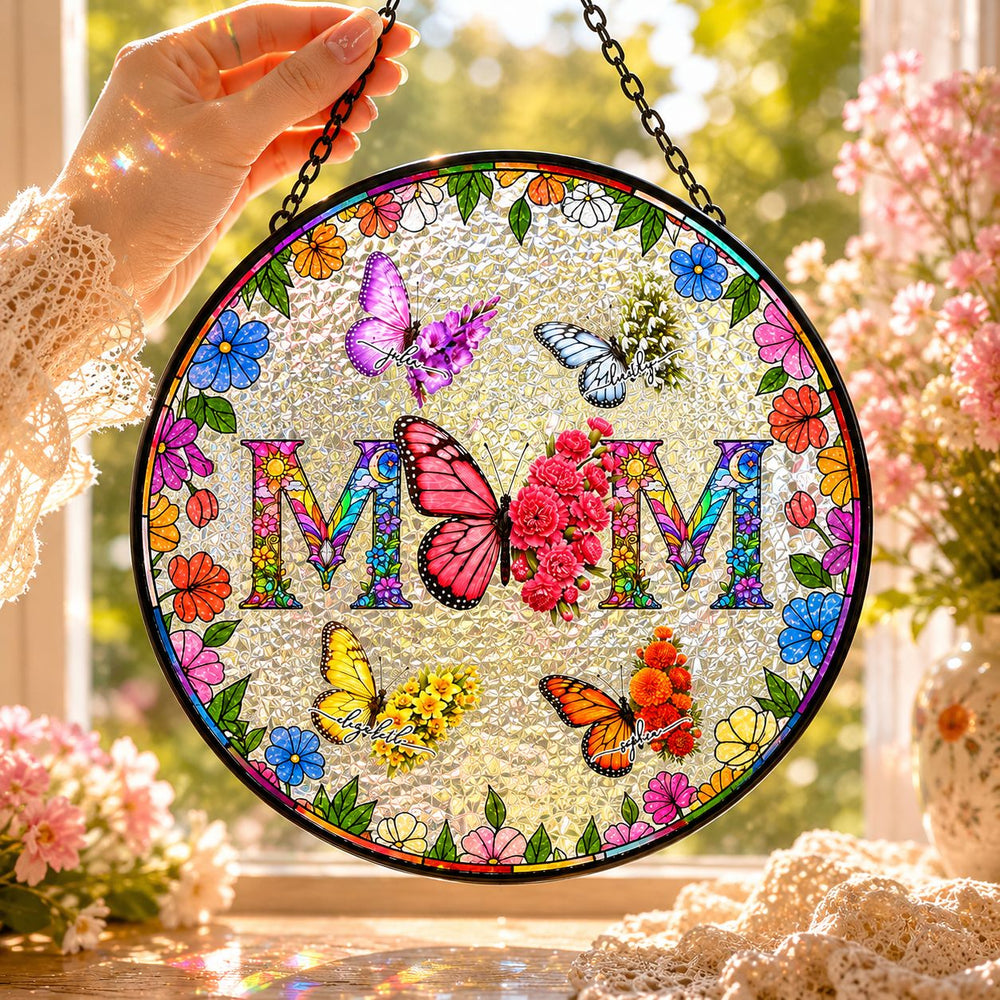 Butterfly Birth Flower Gift For Mom - Personalized Window Hanging Suncatcher | Floral Mom Gift