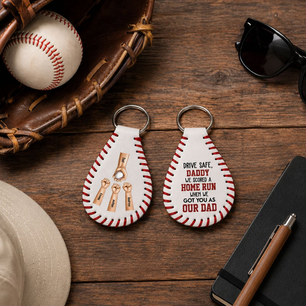 We Scored A Home Run When We Got You As Our Dad - Personalized Leather Baseball Keychain