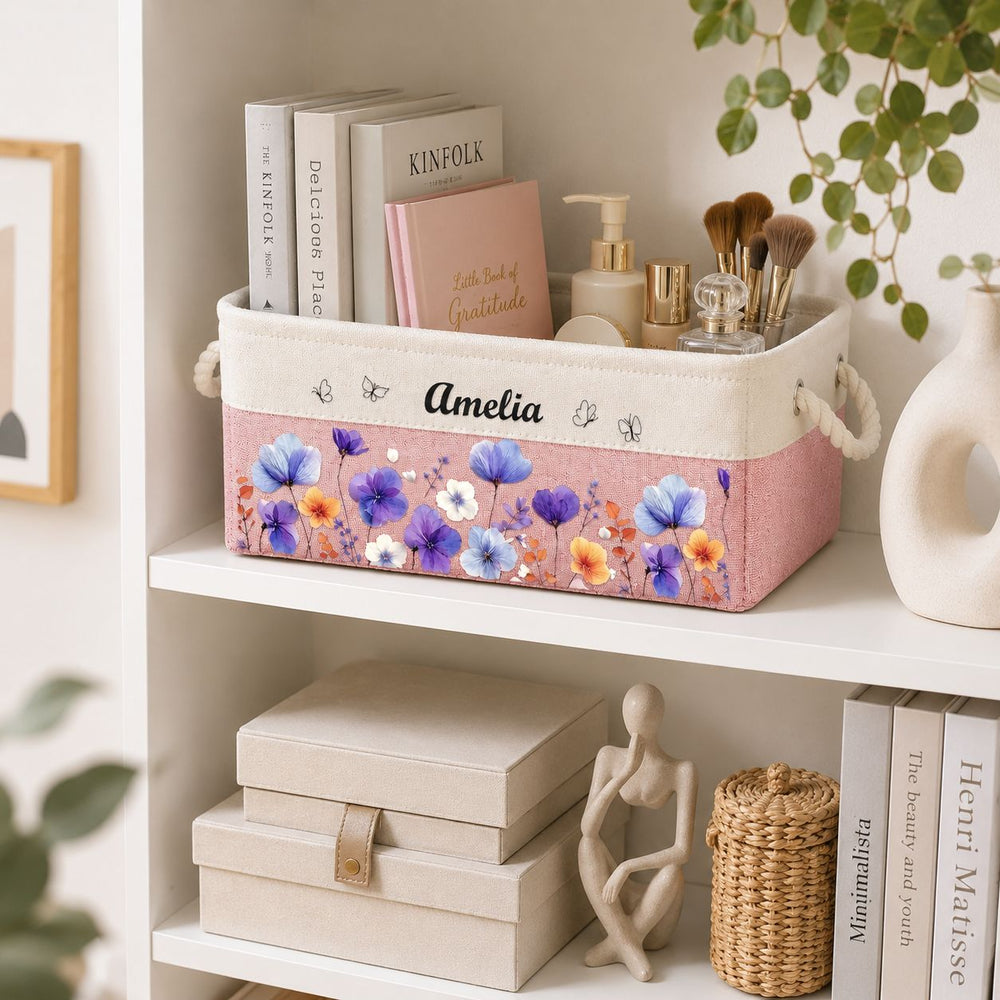 Custom Birth Flower & Name - Storage Basket | Floral Home Decor Gift