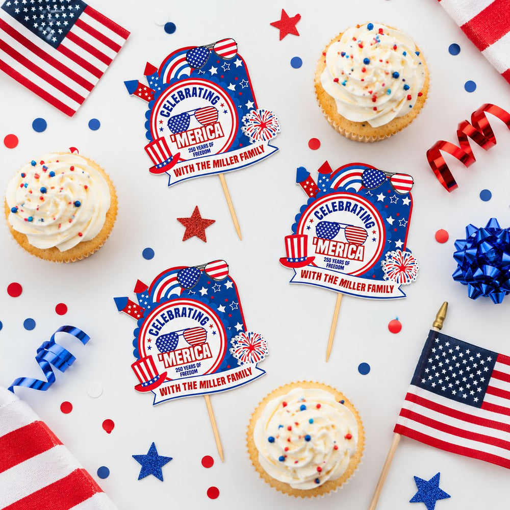 Celebrating 'Merica Est. 1776 - Personalized Cupcake Toppers | Patriotic Party Decorations For Independence Day