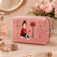 Custom Birth Flower, Name & Cute Character For Her - Personalized Makeup Bag | Cute Floral Gift