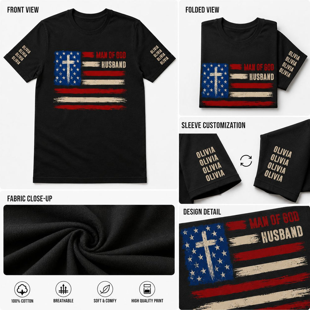 Man Of God, Husband, Dad, Papa Kids' Names Sleeve 2 - Personalized Shirt
