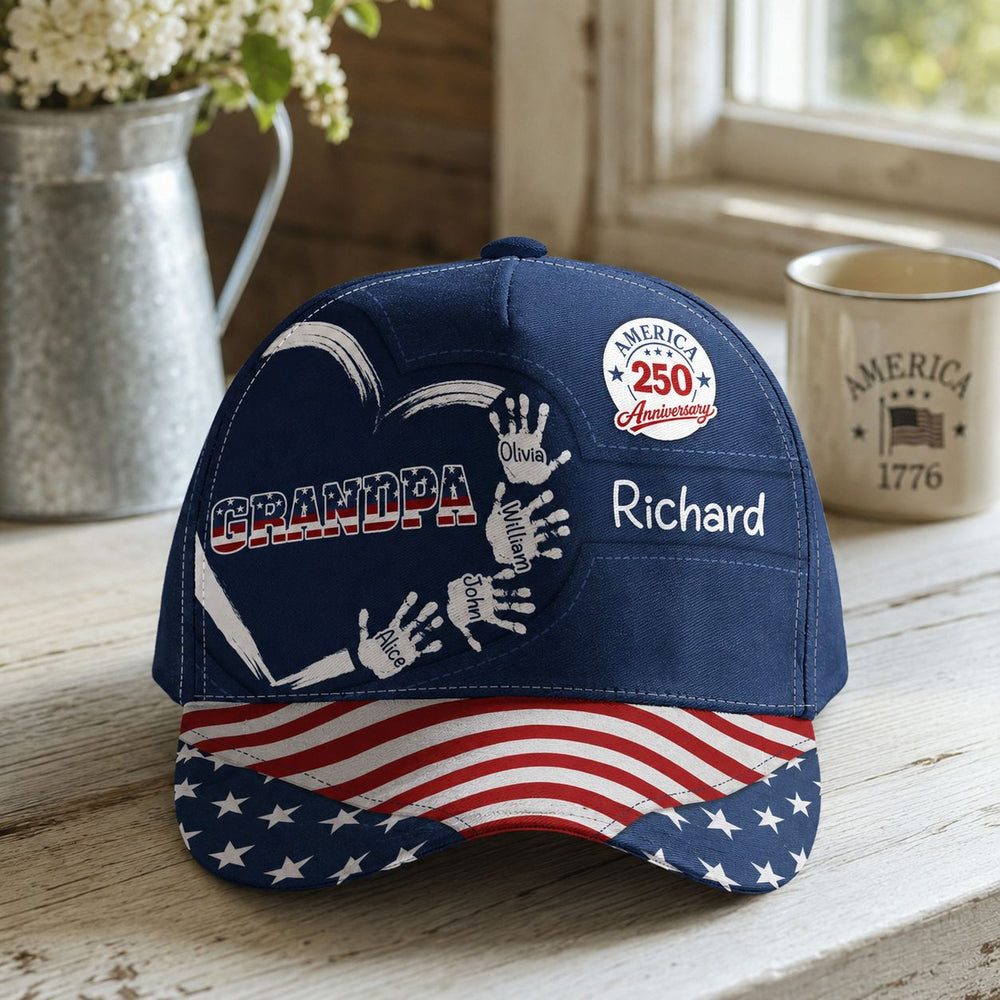 America 250 Anniversary Grandpa Dad Kids Handprints - Personalized Cap | Custom Family Gift