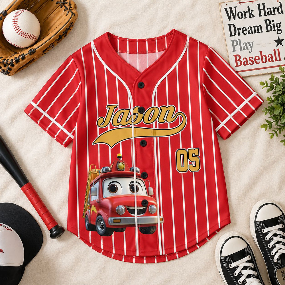 Kid Cartoon Dinosaurus Vehicles - Personalized Jersey Shirt | Custom Name Kids Dino Truck Sports Tee