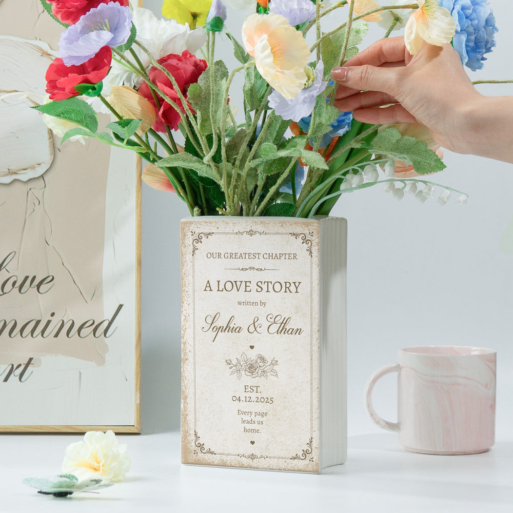 A Love Story Written By - Gifts For Newlywed Couples Ceramic Book - Personalized Vase