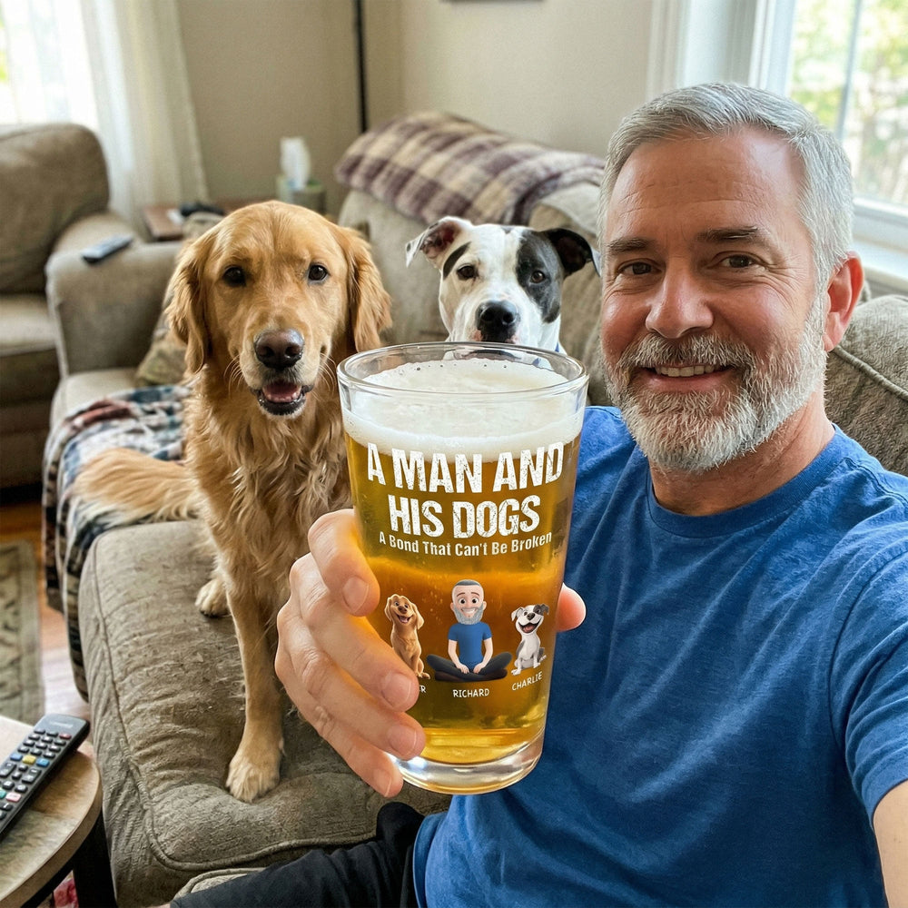 A Man & His Dog or Cat Personalized Beer Glass – Unbreakable Bond Gift for Pet Lovers