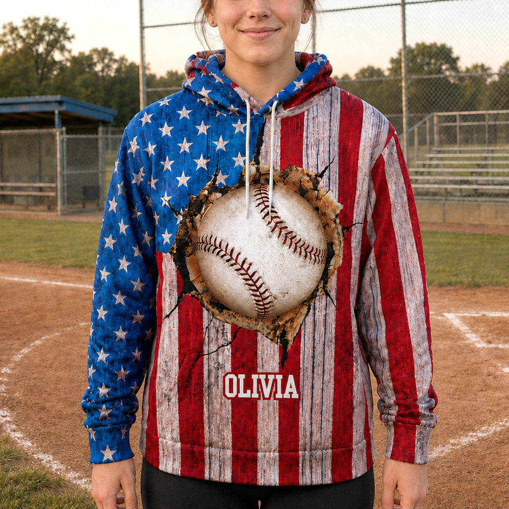 Personalized American Flag Sports Hoodie, Custom Name Multi-Sport Fleece Sweatshirt
