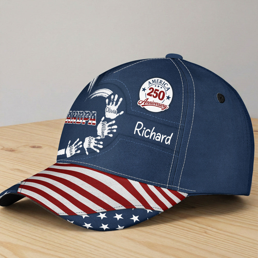 America 250 Anniversary Grandpa Dad Kids Handprints - Personalized Cap | Custom Family Gift