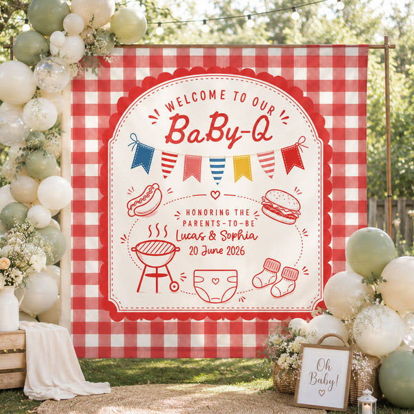 Personalized Baby-Q Baby Shower Backdrop – Custom Name Photo Background Banner