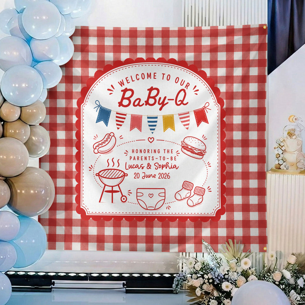 Personalized Baby-Q Baby Shower Backdrop – Custom Name Photo Background Banner