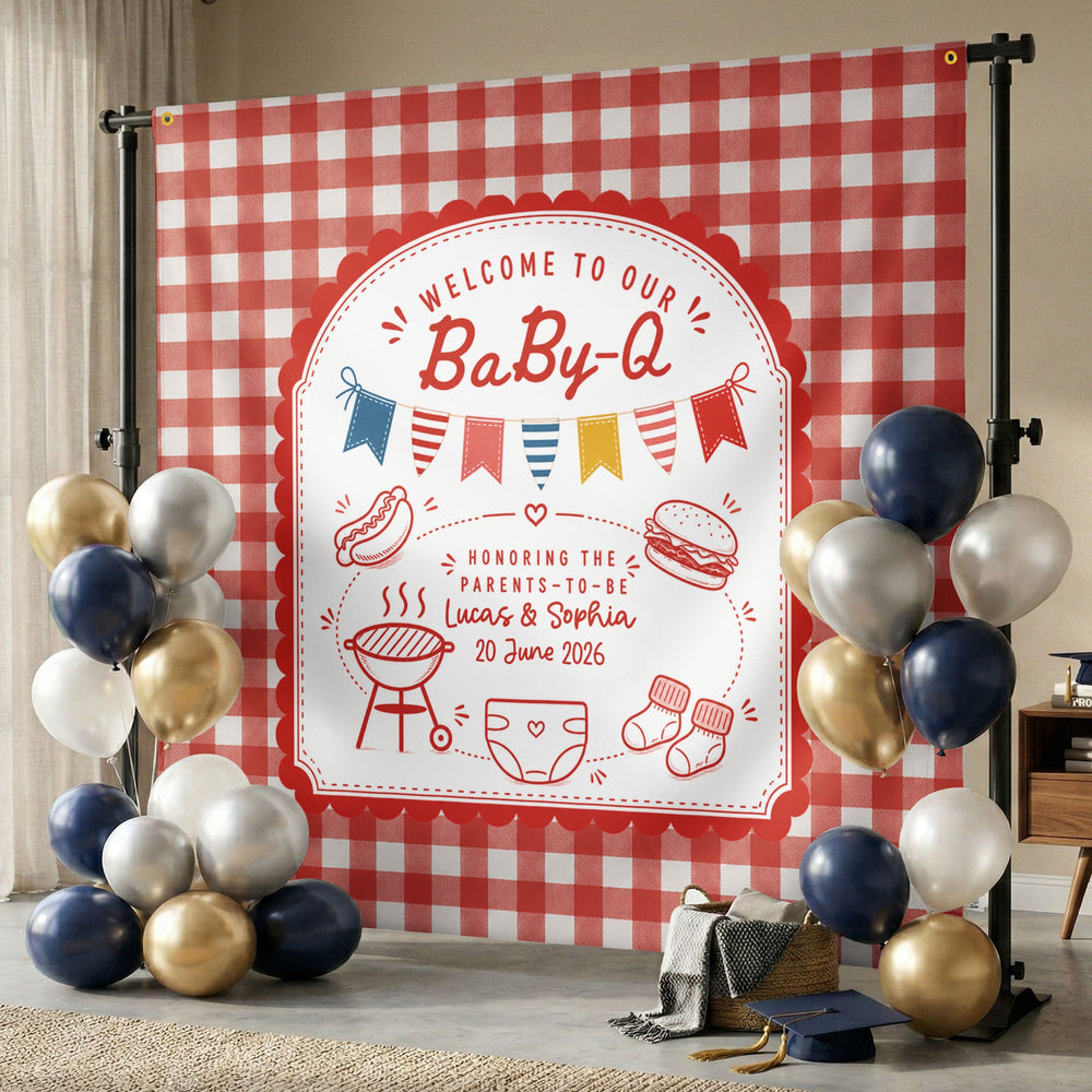 Personalized Baby-Q Baby Shower Backdrop – Custom Name Photo Background Banner