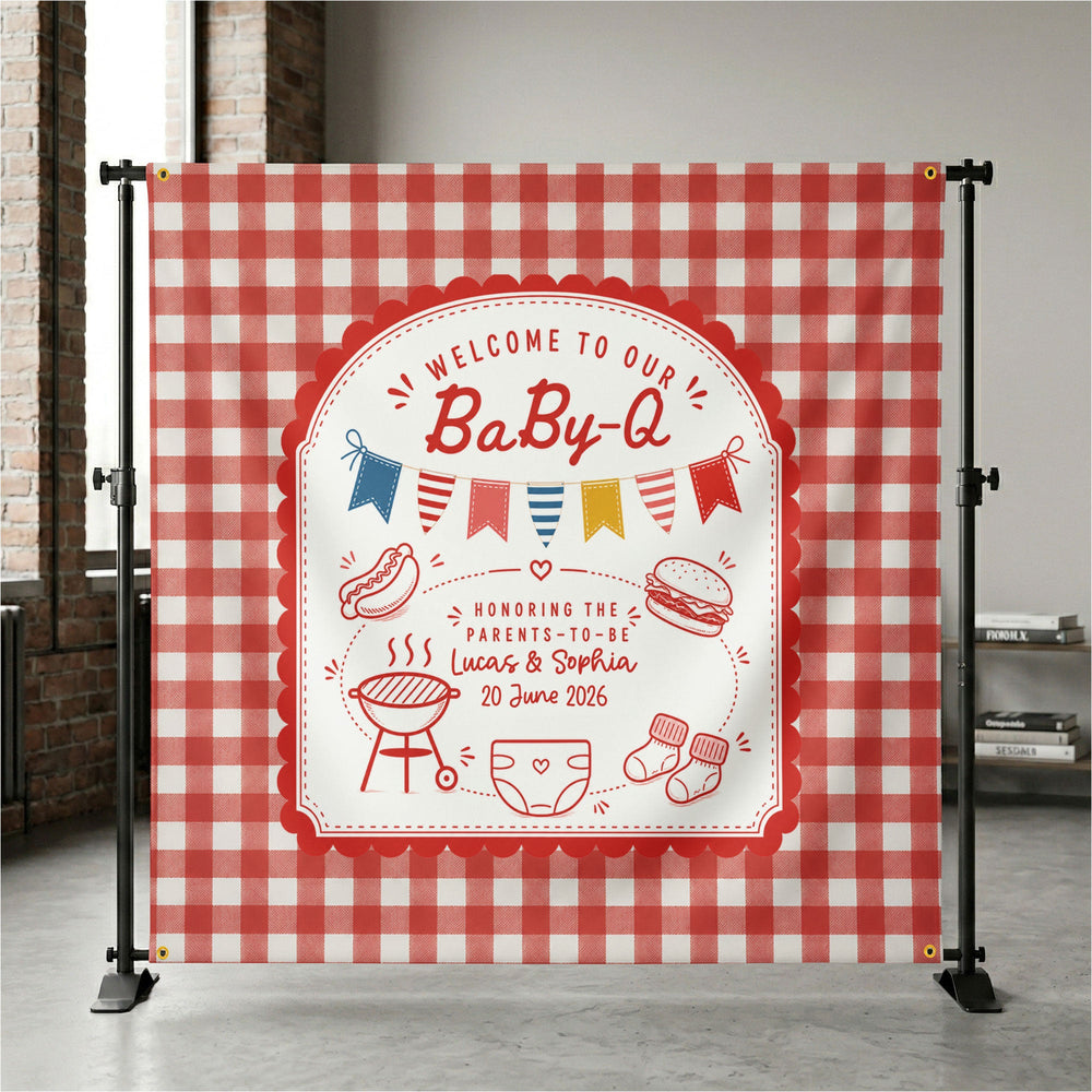 Personalized Baby-Q Baby Shower Backdrop – Custom Name Photo Background Banner