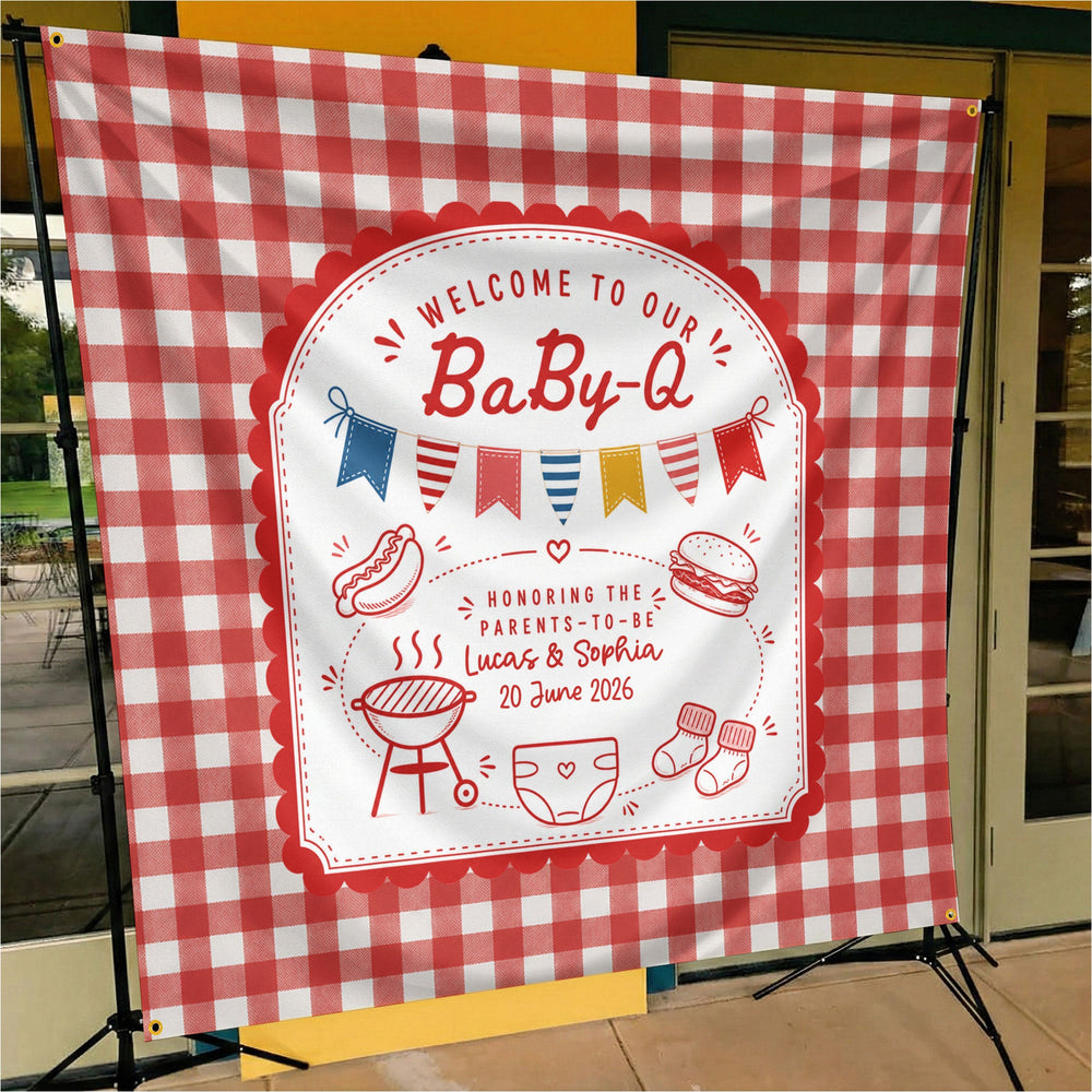 Personalized Baby-Q Baby Shower Backdrop – Custom Name Photo Background Banner