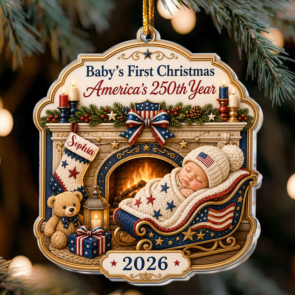 Personalized Baby's First Christmas America 250th Anniversary Acrylic Ornament – Custom Name & Year Patriotic Keepsake Gift for Newborn