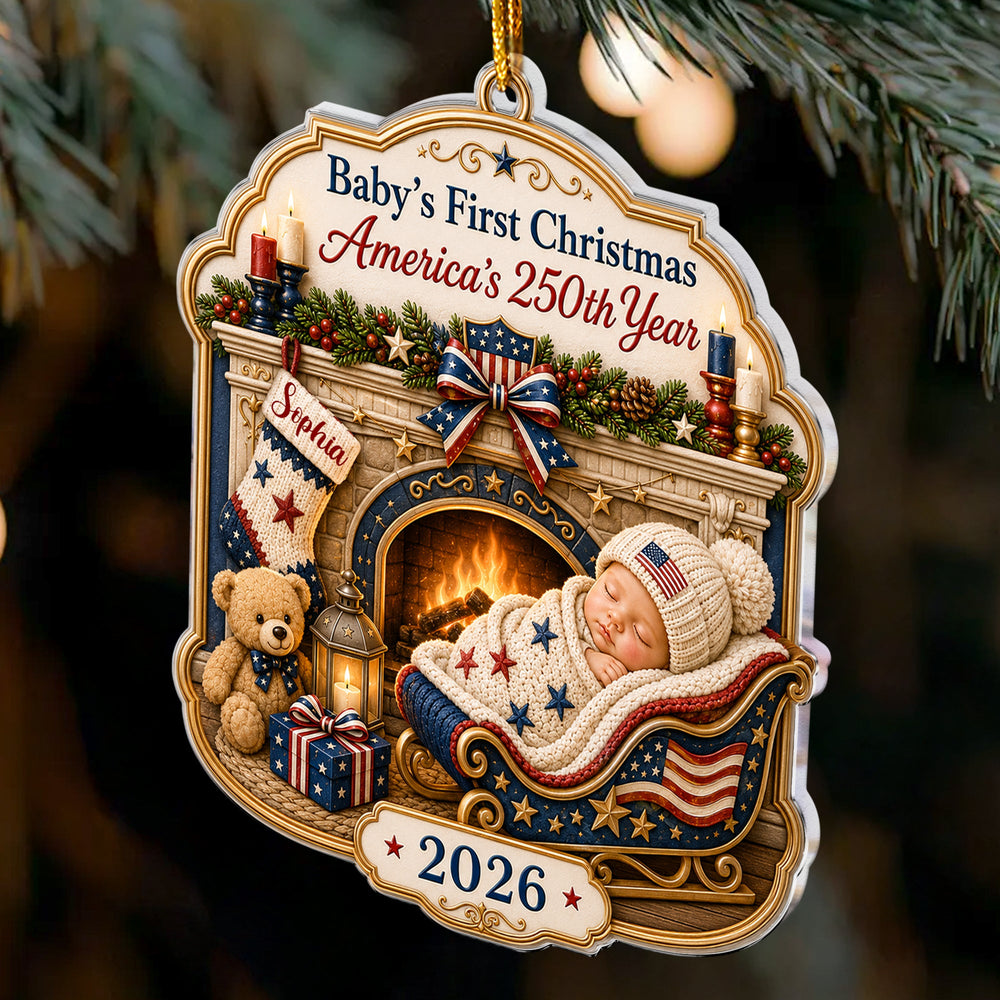 Personalized Baby's First Christmas America 250th Anniversary Acrylic Ornament – Custom Name & Year Patriotic Keepsake Gift for Newborn
