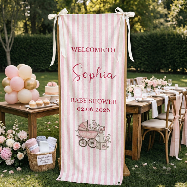 Personalized Baby Shower Fabric Banner – Custom Name Stripe Welcome Sign