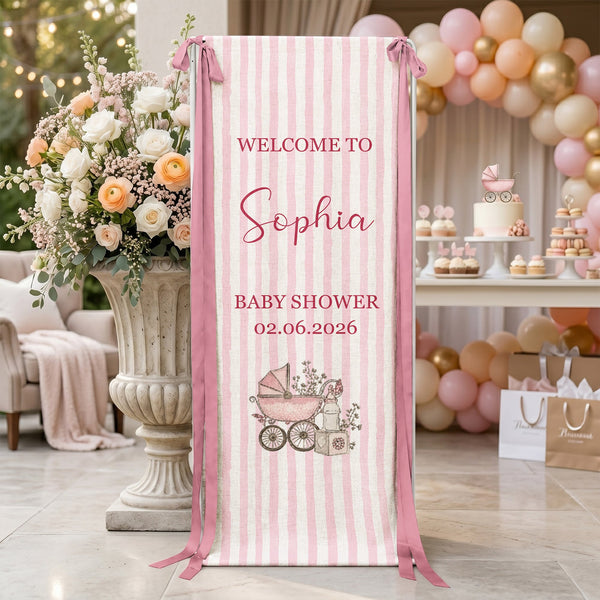 Personalized Baby Shower Fabric Banner – Custom Name Stripe Welcome Sign