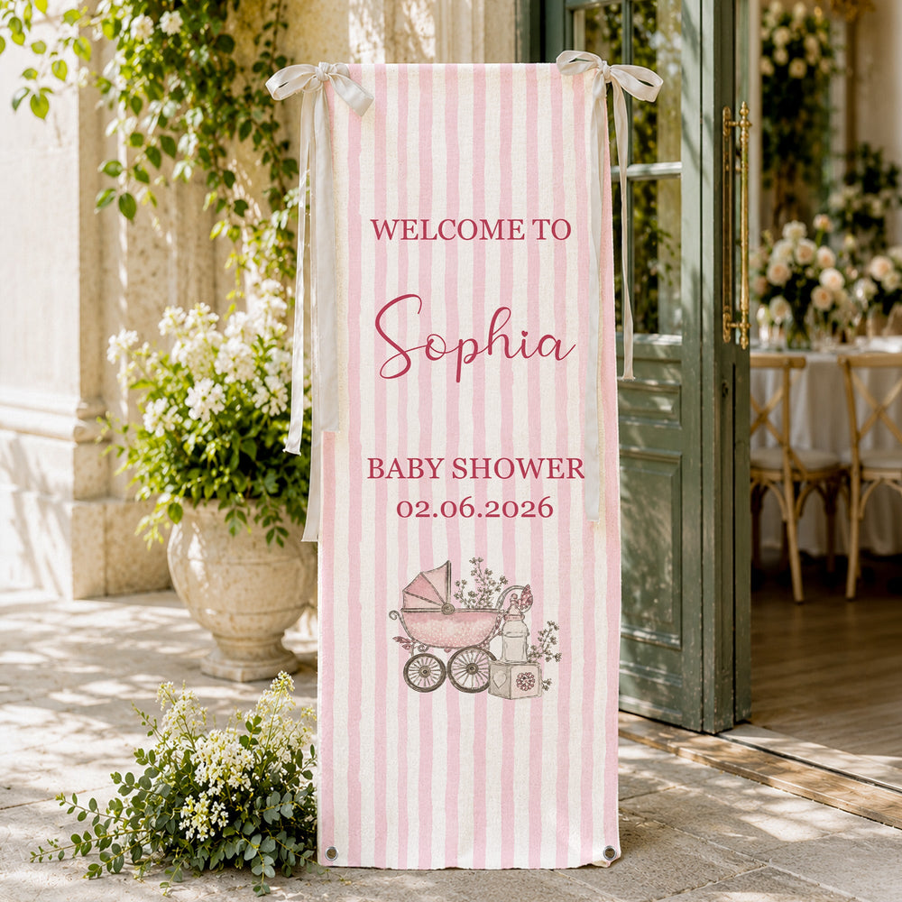 Personalized Baby Shower Fabric Banner – Custom Name Stripe Welcome Sign