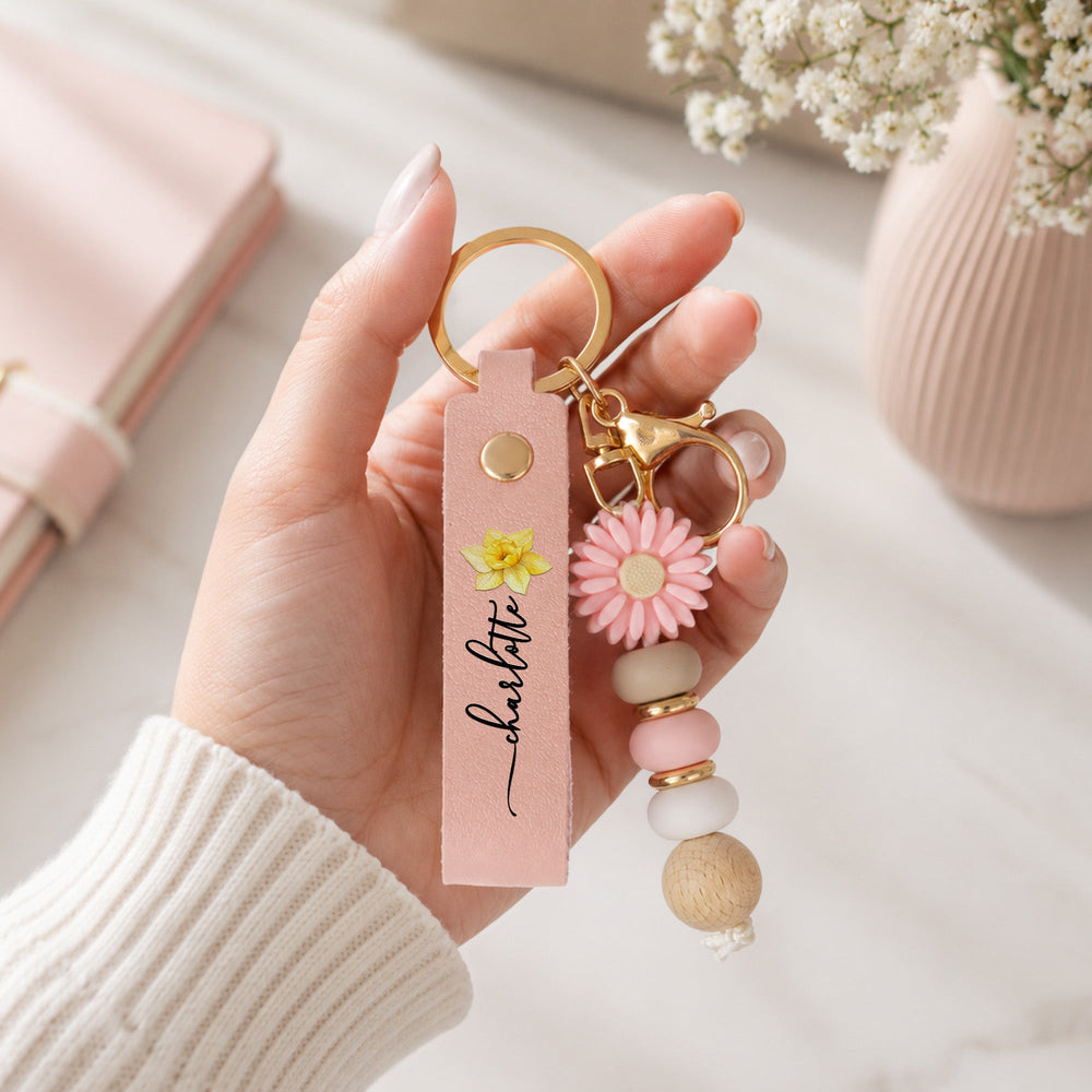 Personalized Birth Flower Keychain - Be Safe Have Fun Wristlet Gift for Daughter