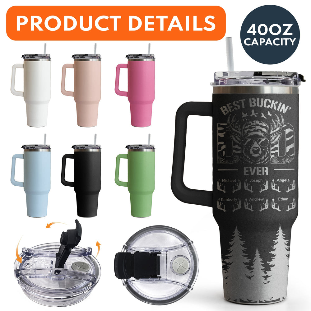 Father's Day Gifts, Best Buckin' Dad Ever Custom Kids Names - Personalized 40oz Tumbler