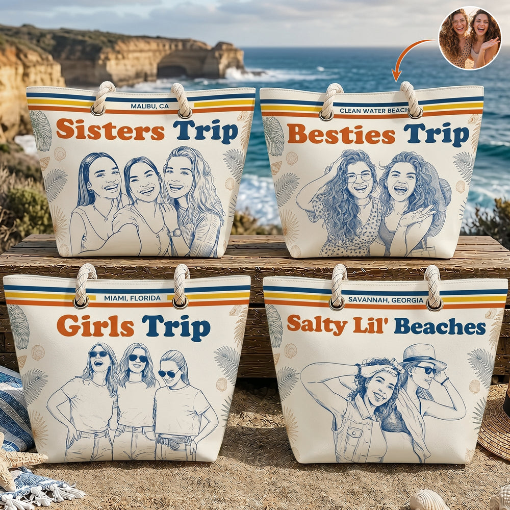 Besties Girls Trip Summer Gift For Friends, Soul Sisters Sketch Line Art Photo - Personalized Beach Bag