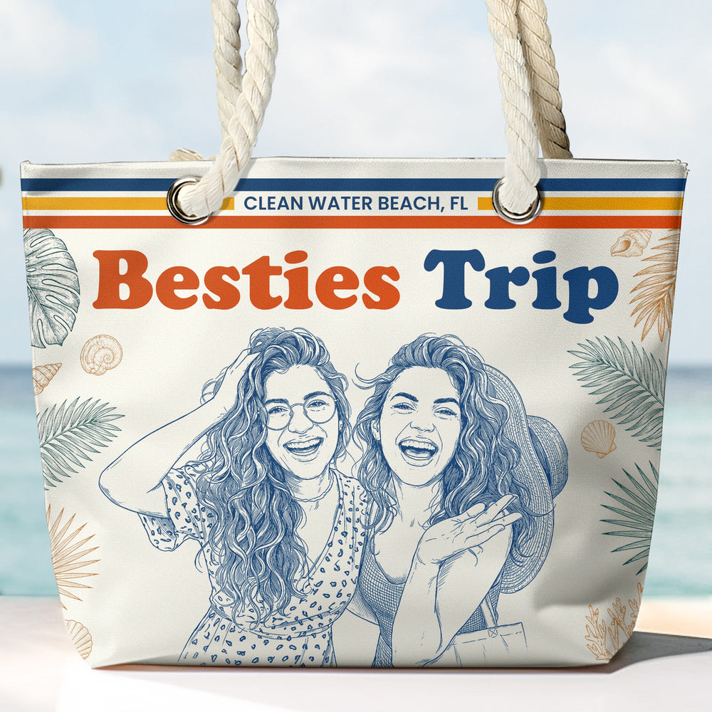 Besties Girls Trip Summer Gift For Friends, Soul Sisters Sketch Line Art Photo - Personalized Beach Bag