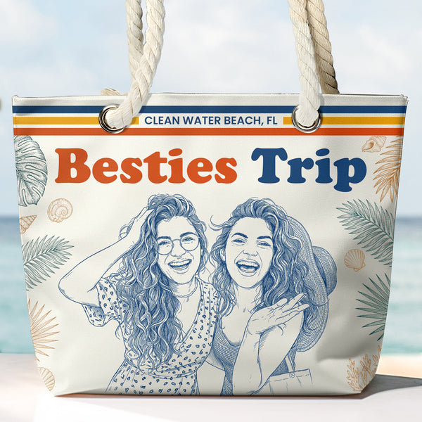 Besties Girls Trip Summer Gift For Friends, Soul Sisters Sketch Line Art Photo - Personalized Beach Bag