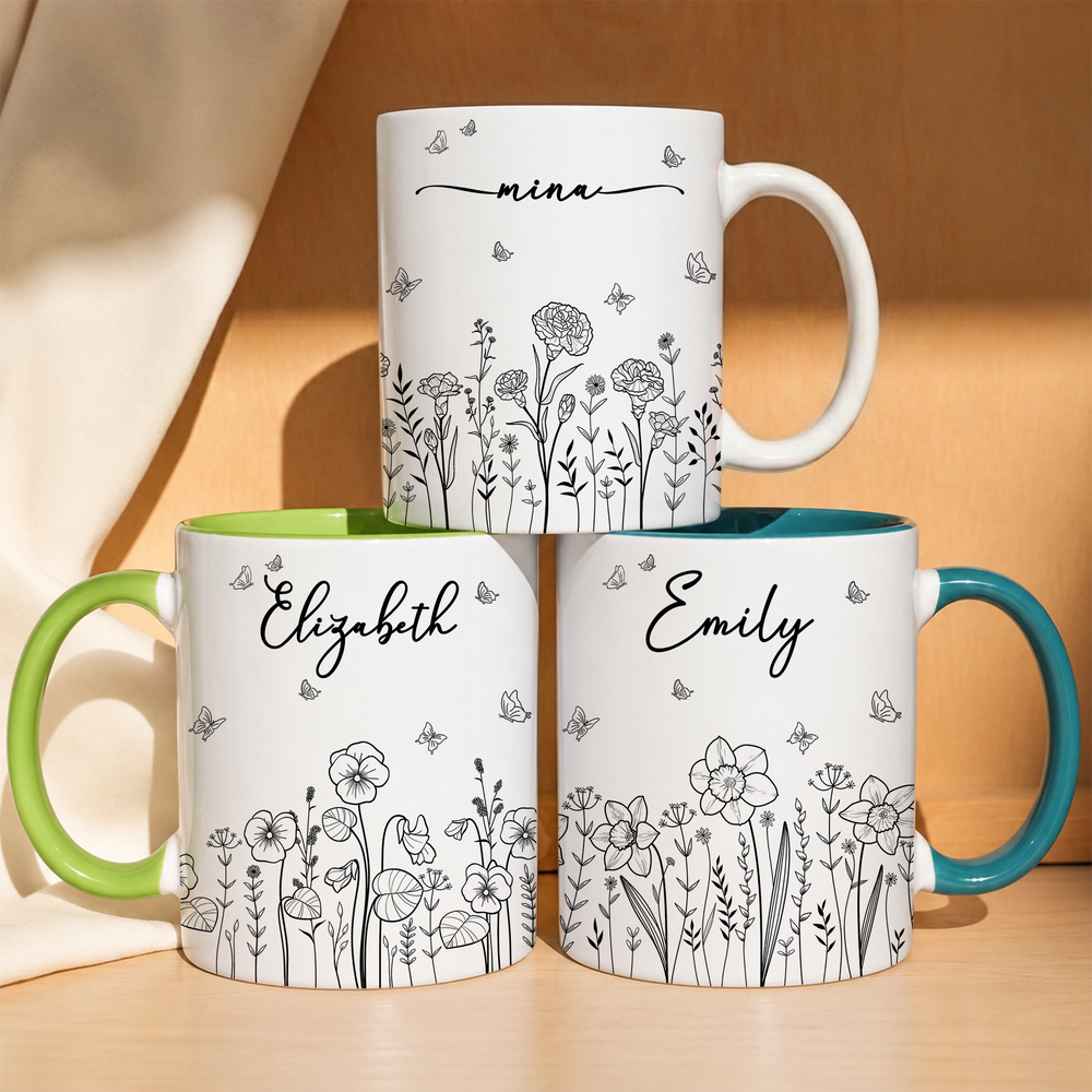 Birth Flower Coffee Mug, Custom Birth Flower & Name Gift For Her - Personalized Mug