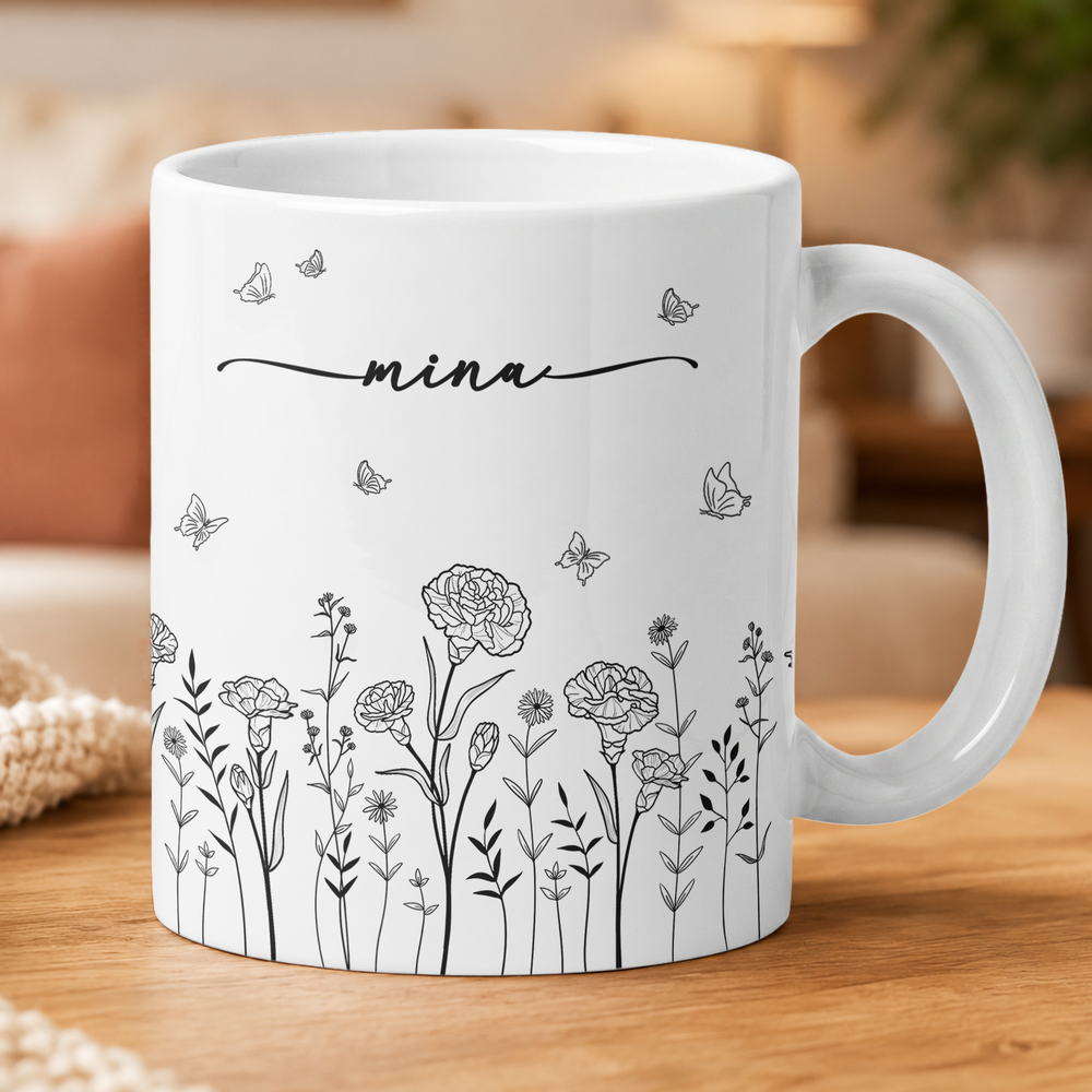 Birth Flower Coffee Mug, Custom Birth Flower & Name Gift For Her - Personalized Mug
