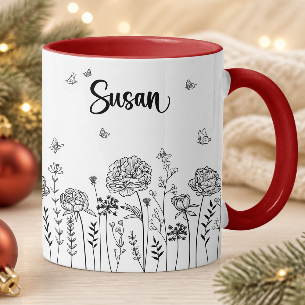 Birth Flower Coffee Mug, Custom Birth Flower & Name Gift For Her - Personalized Mug