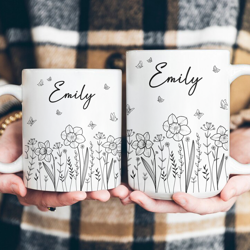 Birth Flower Coffee Mug, Custom Birth Flower & Name Gift For Her - Personalized Mug