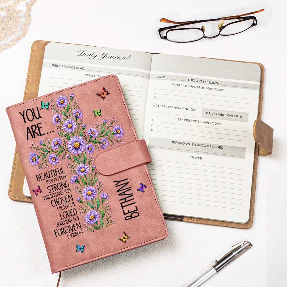 Personalized Birth Flower Cross Leather Prayer Journal - Bible Verse Affirmations Gift for Her