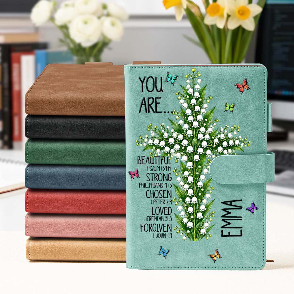 Personalized Birth Flower Cross Leather Prayer Journal - Bible Verse Affirmations Gift for Her