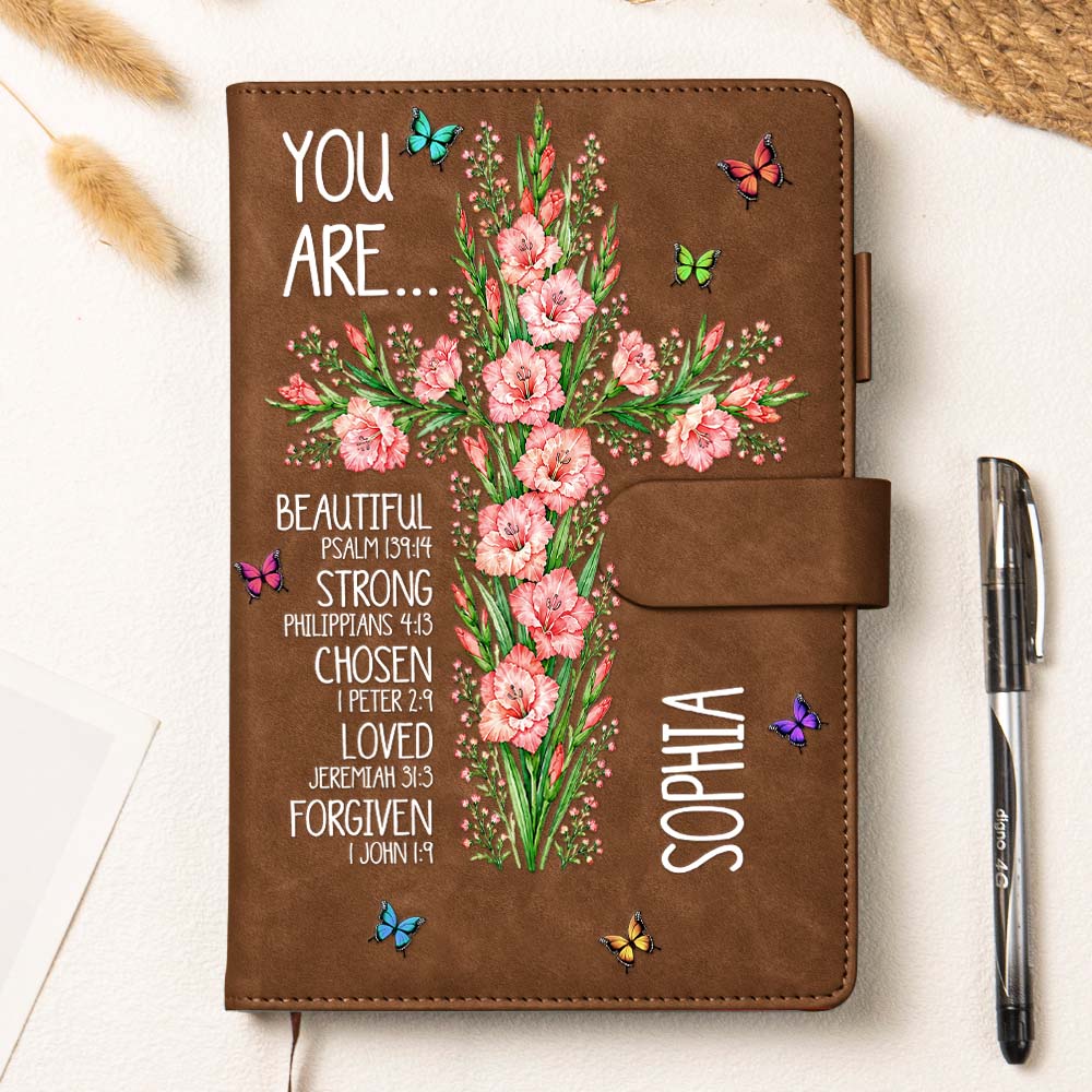 Personalized Birth Flower Cross Leather Prayer Journal - Bible Verse Affirmations Gift for Her