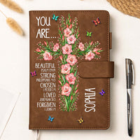 Personalized Birth Flower Cross Leather Prayer Journal - Bible Verse Affirmations Gift for Her