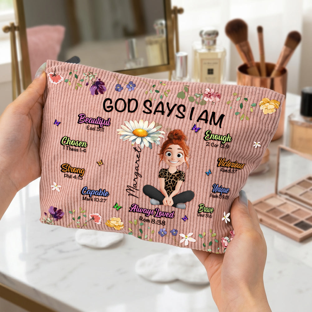 Birth Flower God Says I Am - Personalized Makeup Bag