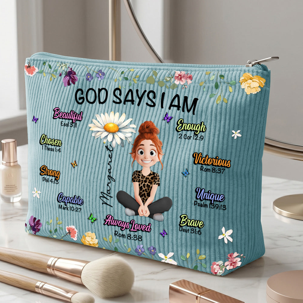 Birth Flower God Says I Am - Personalized Makeup Bag