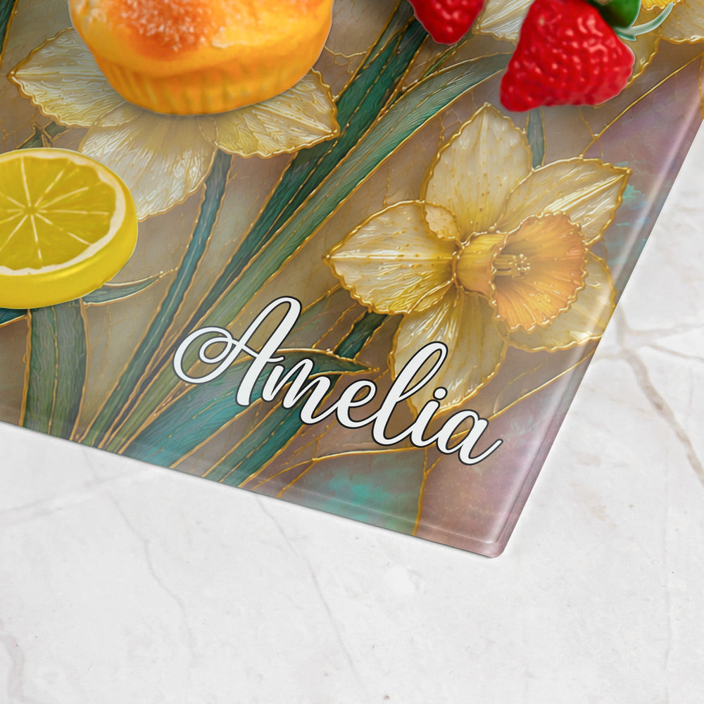 Birth Flower Mother-Of-Pearl Kitchen Decor - Personalized Cutting Board | Elegant Floral Kitchen Gift