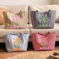 Personalized Birth Month Flower Striped Canvas Tote Bag