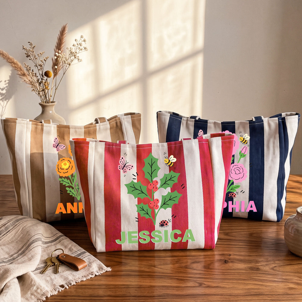 Personalized Birth Month Flower Striped Canvas Tote Bag