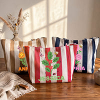 Personalized Birth Month Flower Striped Canvas Tote Bag