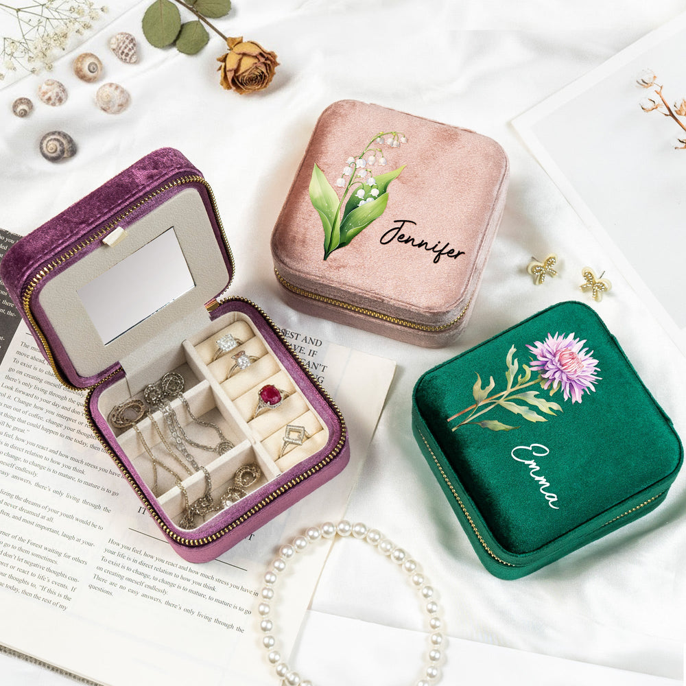 Birth Month Flower Gift For Her Velvet Travel Jewelry Box - Personalized Jewelry Box
