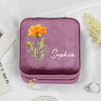 Birth Month Flower Gift For Her Velvet Travel Jewelry Box - Personalized Jewelry Box