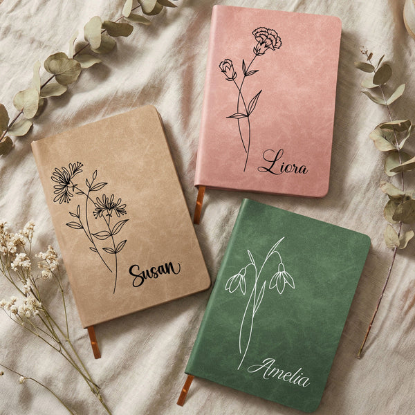 Birth Month Flower Notebook Custom Journal Birthday Gift - Personalized Leather Journal
