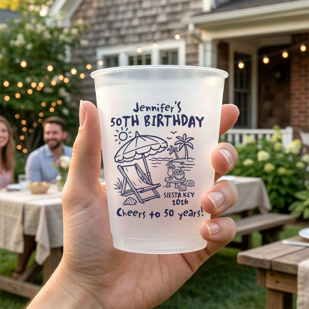 Custom Beach Birthday Frosted Cups – Personalized Party Favors